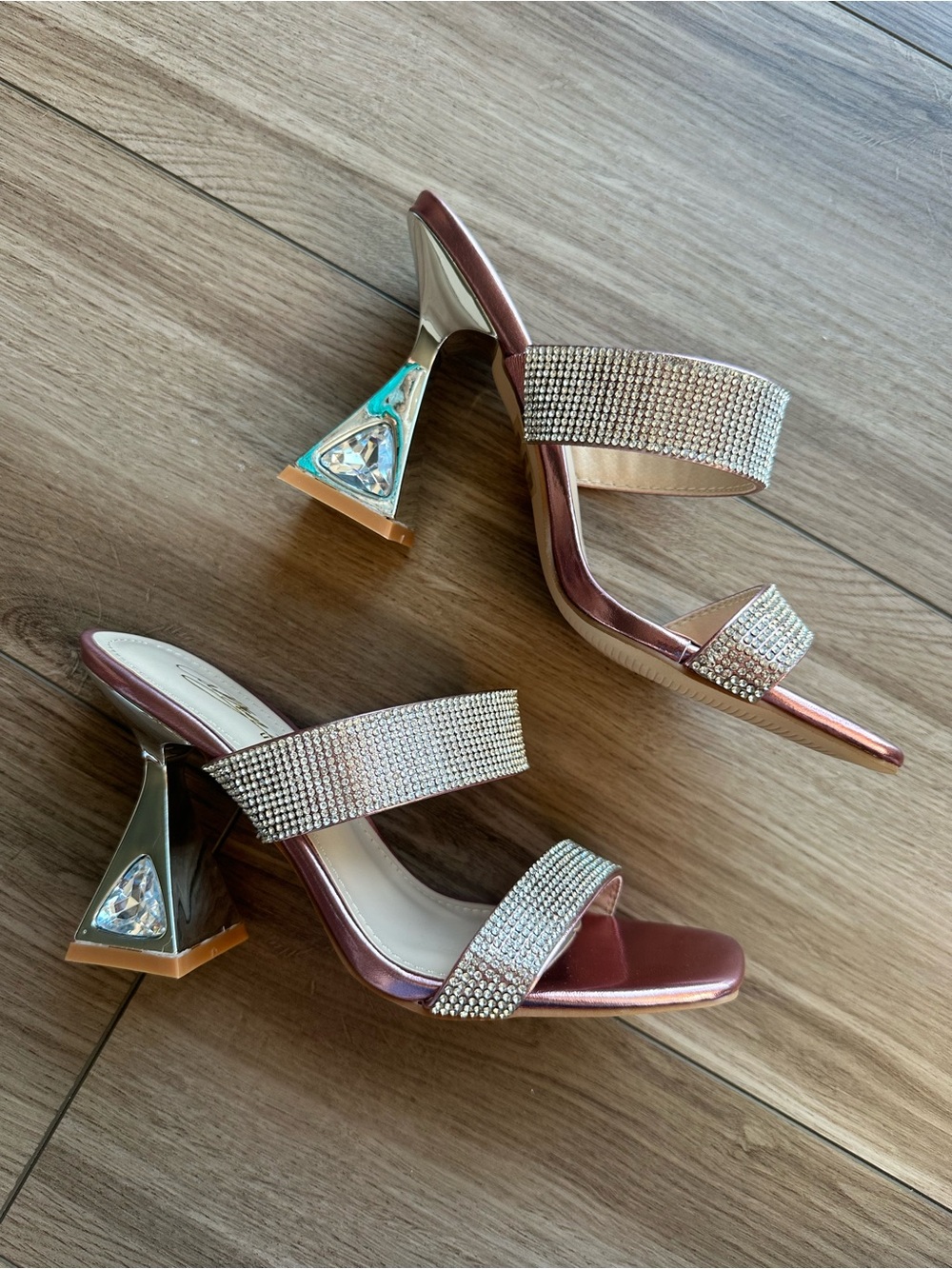 Crystal-Embellished Rose Metallic Block Heel Sandals Brand New w/ Box